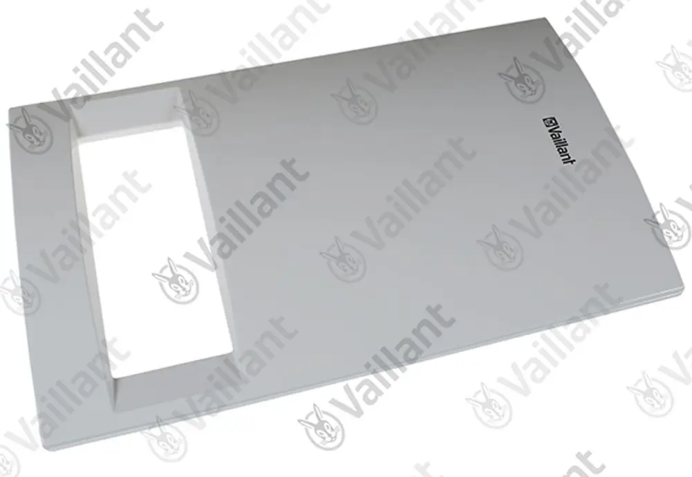 Weißes Frontblech von Vaillant mit rechteckigem Ausschnitt. Glatte Oberfläche, schlichtes Design, geeignet für Heiz- oder Warmwassergeräte.